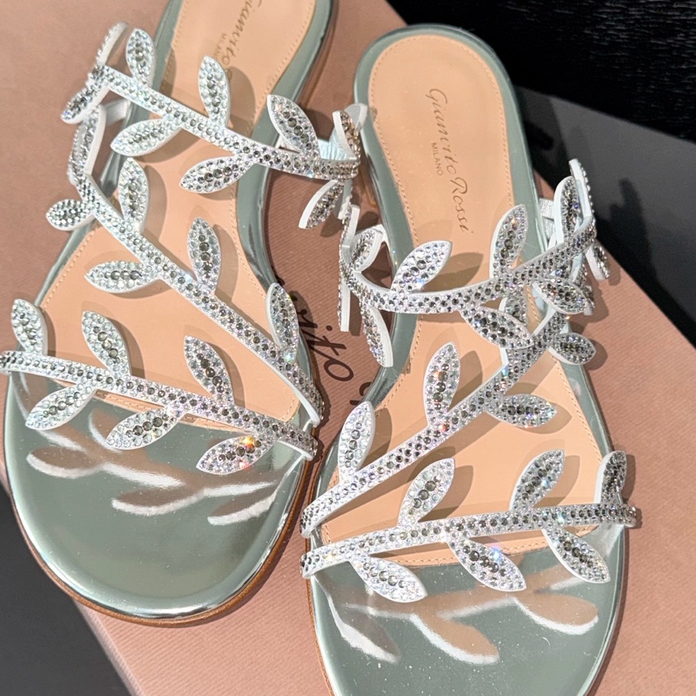 Gianvito Rossi Silver Crystal Leaf Slide Sandals with Rhinestone Straps